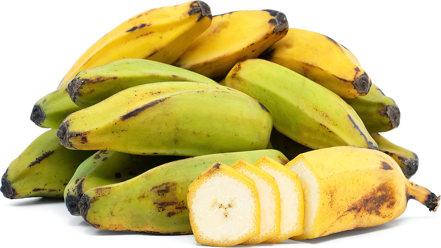 Bananas with a sliced banana on a white background