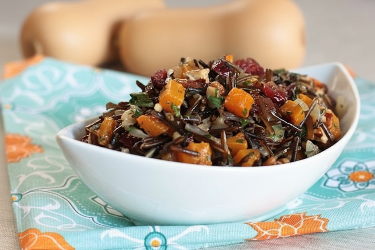 Bowl of wild rice salad with butternut squash on a floral tablecloth